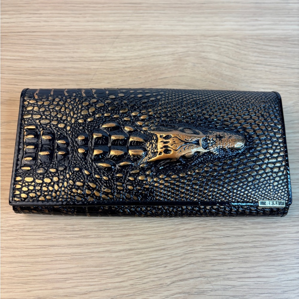 Gesi Black/Bronze Croc-Embossed Long Wallet with Gold Accent‎